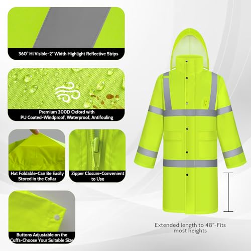 Hi Vis Rain Jacket Rain Suits for Men, Hihg Visibility Waterproof Rain Coat with Hood, Class 3 Lightweight High Vis Rain Gear for Outdoor & Safety Work, Men Women, Yellow Long, XL4