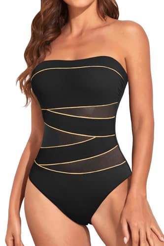 Image of Holipick Women Sexy One Piece Swimsuit Strapless Bathing Suits | Bandeau Neckline, Mesh Cutout Design, Push Up Removable Pads, High Cut, Removable Straps, Pool Beach Cruise Resort