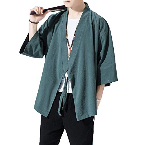 Mens Kimono Cardigan Cotton Linen Japanese Kimono Jacket 3/4 Sleeve Haori