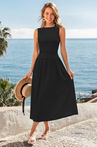 Image of Womens Summer Casual Midi Maxi Dress 2026 Sleeveless Ruched A Line Flowy Cocktail Wedding Guest Beach Long Sundress