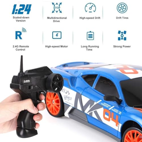 Image of Rc Drift Remote Control Car 1:24 Scale, High-Speed, 4Wd, Lights, Battery Racing Car, Drifting Tires, 2.4Ghz, for Kids (RC Drift II - Blue)