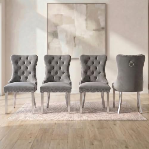 OVENTA Modern Tufted Upholstered Dining Chairs Set of 4, Gray Velvet Dining Room Chair with Metal Legs, Sillas de Comedor, Kitchen Chairs (Gray Velvet, Silver Legs Set of 4)