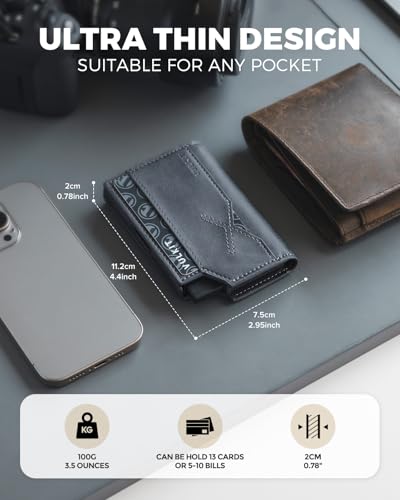 VULKIT Leather Minimalist Men's Wallet Pop Up Slim Front Pocket Credit Card Holder Wallet for Men Quick Card Access with ID Window, Grey2
