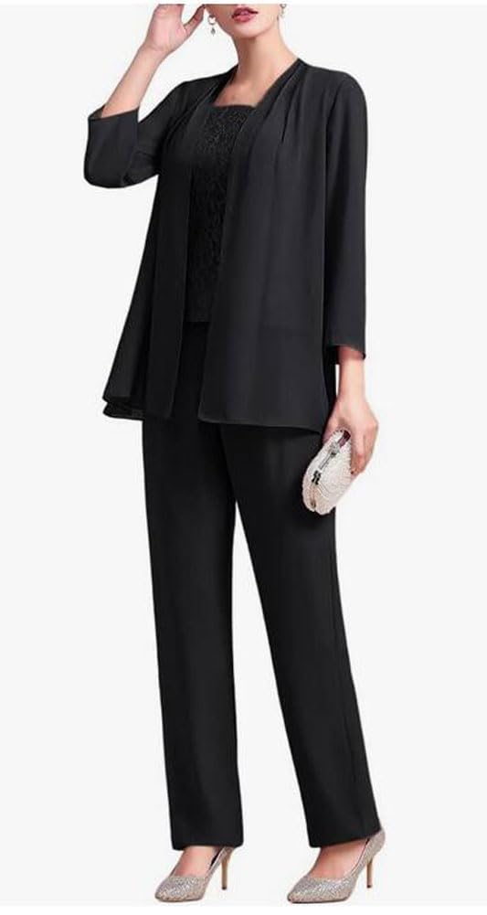 Tailleur in chiffon (3 pezzi) con pantaloni e corpetto in pizzo, elegante, adatto per matrimoni e madre della sposa
