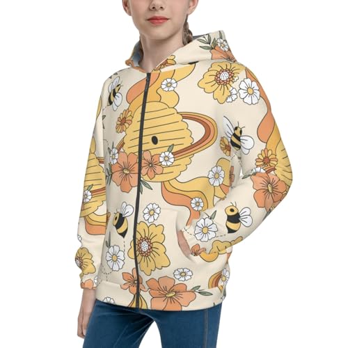 Groovy Floral Kids Pullover Hoodies Boys Zip Up Sweatshirts Girls Athletic Clothes with Pocket