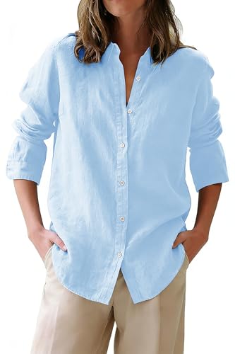 siliteelon Button Down Shirts for Women Oxford Shirt Cotton Dress Shirts Collared Long Sleeve Wrinkle Free Blouse Tops-Baby Blue S