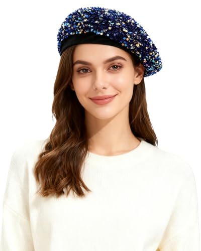 Caviotess Sparkly Sequin Beret for Women Glitter Velvet Beanie French Beret Hats Adjustable Painter Cap Fall Winter Hat
