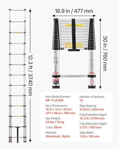 Vevor Scala Telescopica Da 3,8 M, Scala Estensibile Pieghevole Multiuso In Alluminio, Capacità Carico Max. Di 150 Kg Con Piedini Antiscivolo, Per Casa, Lavori All'aperto, Soffitta - 7