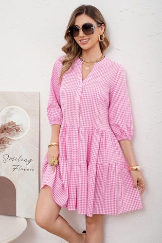 Image of utcoco Women's 2026 Spring Summer Plaid Shirt Dress 3 /4 Puff Sleeve Button Down Loose Casual Midi Dress with Pockets