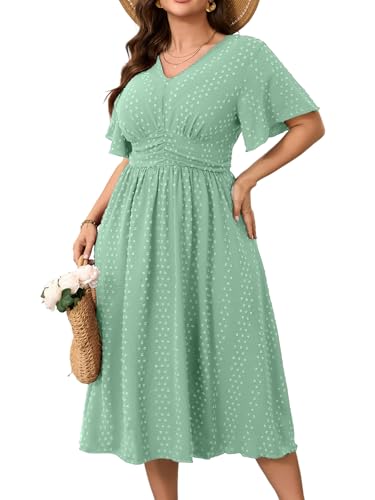 Image of RWJ Women's Plus Size Maxi Dress V Neck Short Sleeve Swiss Dot A Line High Waist Boho Swing Casual Summer Dresses