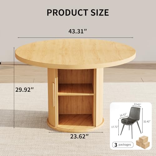 Image of HIPIHOM 5-Piece Dining Set for Small Spaces 43.3 inch Round Table & 4 PU Leather Chairs, Modern Farmhouse with Storage Shelf, Apartment Kitchen Easy Assembly (Natural Color Round Table + 4 Gray Chairs)