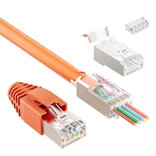 iwillink 10 Stück RJ45 Stecker CAT 7 50 Vergoldet - Geschirmt -10Gbps-Pass Through Netzwerkstecker Cat7 Cat6a mit Einfädelhilfe und Knickschutz