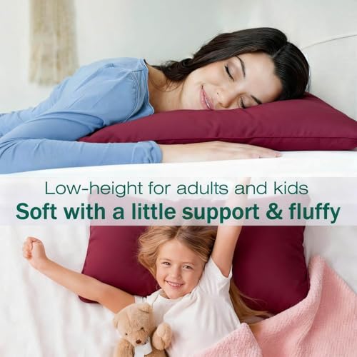 Image of Flat Ultra Thin Bed Pillows King Size Pillow Set of 2 Extra Soft Down Alternative for Stomach Back Sleeper Burgundy 20x36inches