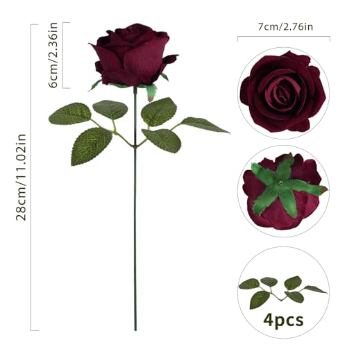 Burgundy Artificial Roses Flower Heads 25 PCS Velvet Real Look Silk Rose Flowers with Stems for DIY Wedding Party Baby Shower Home Decoration image 6
