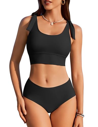 Womens High Waisted Bikini Sets Sporty Scoop Neck Racerback Crop Top Two Piece Swimsuit