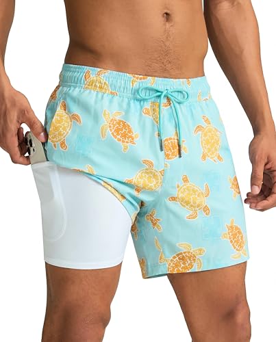 Image of maamgic Mens Swim Trunks with Compression Liner 5 Inch, Quick Dry Bathing Suit with Zipper Pockets, No-Chafing Swim Shorts