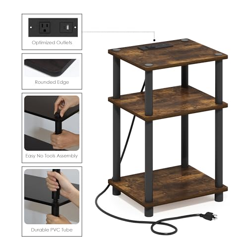Image of Furinno Just 3-Tier Turn-N-Tube Open Storage Side Table, End Table with USB and Type-C Charging Station, Amber Pine /Black
