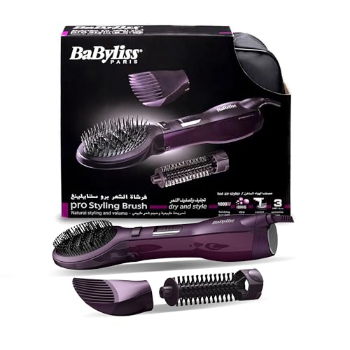 BaByliss Air Styler Pro 1000W Ionic Hot Air Brush with Paddle & Round Brush Attachments 2 Heat & Speed Settings Cool Shot Function Lightweight Volumizing & Smoothing Hair Styler Purple - AS115SDE