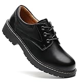 IUY Black Oxford Shoes for Women Chunky Leather Lace-Up Server Work Office Non Slip Dress Saddle Flat Oxford Classic Comfortable Business Shoe for Ladies US 8