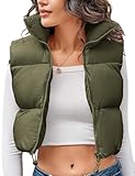Kissonic Women's Cropped Puffer Vest Lightweight Fluffy Vest Sleeveless Warm Winter Outerwear(Army Green-L)