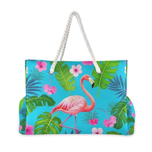 Summer Flamingos Palm Flower Blue Personal Item Travel Bag Waterproof Sandproof with side pockets Large Tote Bag Portable Travel for Swim Pool2