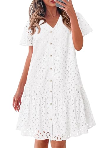 KIRUNDO Summer Dresses for Women 2025 Eyelet Button Down V Neck Short Sleeve Hollow Out A Line Loose Mini Babydoll Dress