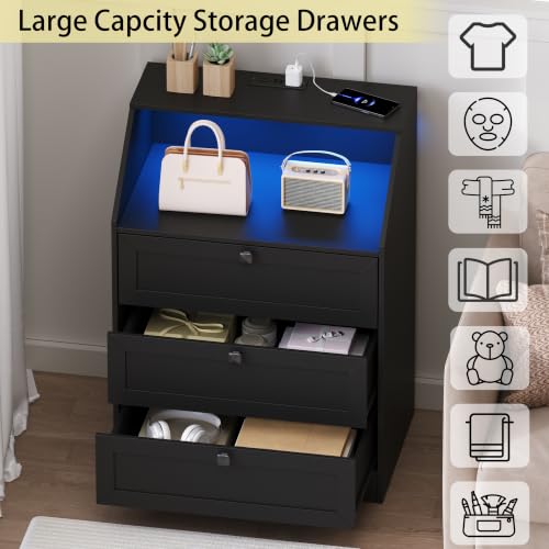 Image of Wodeer Black Dresser 3 Drawer Nightstand, Wood Night Stand with LED Lights, Charging Station, Metal Handles, Modern Storage Cabinet and Organizer Drawers for Living Room, Hallway