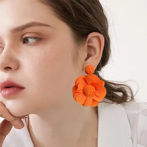 Vavhoo Rattan Earrings Summer Boho Handwoven Big Fabric Chiffon Rattan Flower Drop Earrings Statement Tropical Beach Vacation Jewelry (Orange) by Vavhoo - Used condition - Image 3