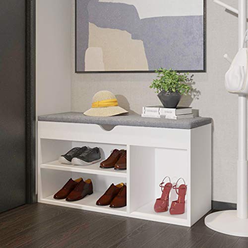 Shoe Bench Storage Seat Hall Entryway Bench Shoe Storage Rack with Seat Cushion 2 Drawers White Wooden (white1020) - Thumbnail 2