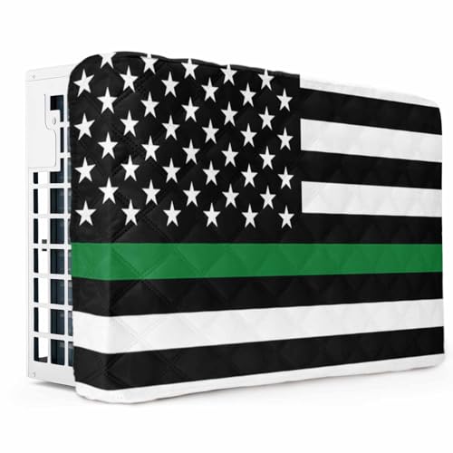 Thin Green Indoor Air Conditioner Cover for Window Units, Line Flag Border Patrol, Park Ranger and Conservation Officer Double Insulated AC Covers Waterproof AC Cover with Straps 21'Lx15'Wx3.5'D