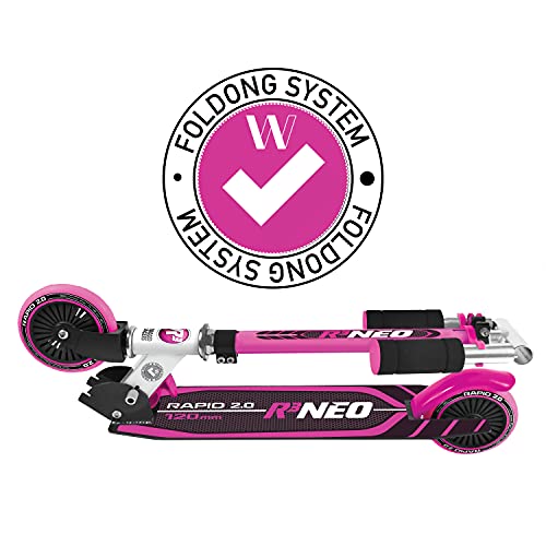 Rugged Racers R3 Neo Kick Scooter For Kids- Foldable 2 Wheel Scooter For Boys And Girls, 28-32" Height Adjustable Handlebars, Non-Slip Deck, Rear Brake 6-12 Years Old, Pink #TOP3