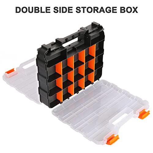 Casoman Double Side Tool Organizer, With Impact Resistant Polymer And Customizable Removable Plastic Dividers, Hardware Box Storage, Excellent For Screws,Nuts,Small Parts, Black/Orange. 2-Pieces Pack #TOP3