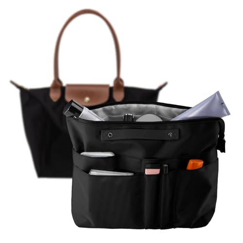 HYEPNED Bag Organiser for Longchamp Le Pliage Large Handbag Organiser Insert with Zipper and 15 Pockets for Women Tote Bag (black L)