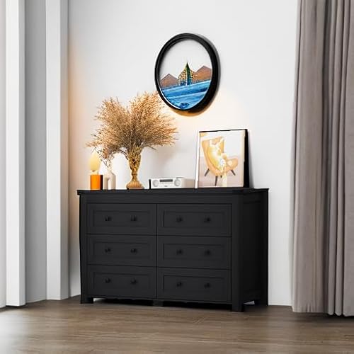 Dresser for Bedroom with 6 Drawers, Farmhouse Wood Chest of Drawers, Wide TV Stand Closet Storage Furniture with Metal Handle, Modern Clothes Organizer for Hallway, Living Room, Entryway, Black