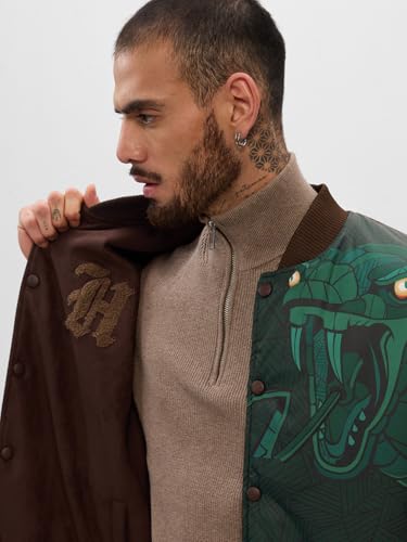 Image of The Souled Store Reversible Bomber: Harry Potter Hogwarts Men and Boys Long Sleeves Band Neck Brown Embroidered Polyester Oversized Jackets