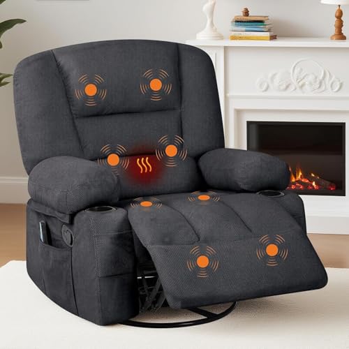 Image of Oversized Manual Swivel Recliner Chair for Adults, 360 Swivel Rocker Glider with Vibration Massage & Heat, Extra Wide Chenille Fabric Lazy Chair for Living Room Bedroom, Black Chenille