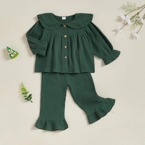 MAINESAKA Toddler Baby Girl Pajamas Cotton Linen Lounge Set Solid Color Button Down Shirt Flare Pajama Pants Sleepwear Outfit4