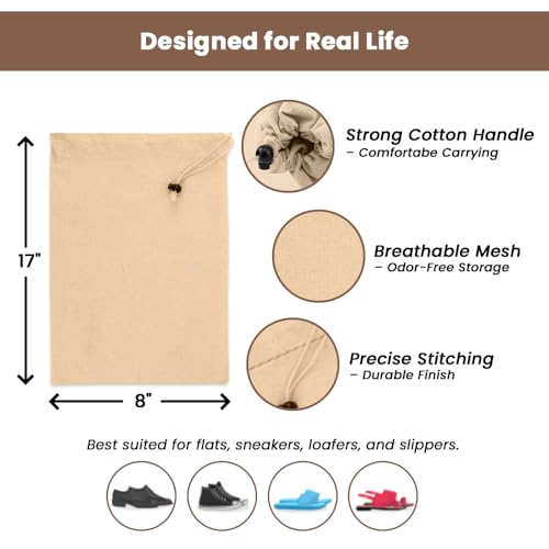 Image of LFH Cotton Rich Shoe Storage Bags with Drawstring, Dustproof Breathable Reusable Organizer, Perfect For Travel, Dorm, Hotel, College, Gym, Easy to Carry, 8 inchx17 inch (Pack of 2) - Natural Thanks Giving