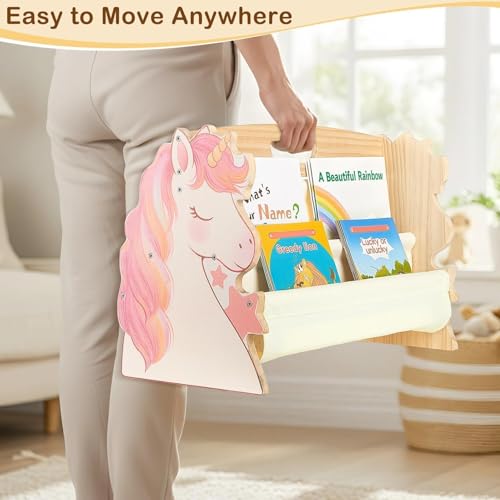 Image of Toddler Bookshelf Double-Sided with 4 Tier Deep Sleeves Kids Wooden Montessori Book Rack for Baby Nursery Room, Playroom, Classroom or Bedroom Bookcase Storage Organizer, Pink Unicorn