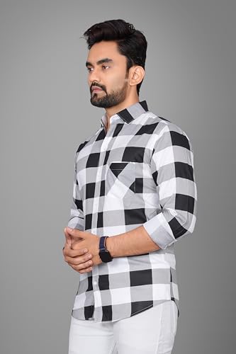 Image of Voroxy Men's Casual Checks Shirt with Pockets Cotton Blend Stylish Branded Checkered Pattern Formal Shirt & Regular Fit Full Sleeves and Spread Collar Style