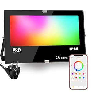 iLC RGB Projecteur LED extérieurs 80W, changement de couleur RGBW équivalent 800W, 16 million couleurs, Minuteur, Regroupement, 8000 lumens, blanc chaud 2700K, IP66 étanche