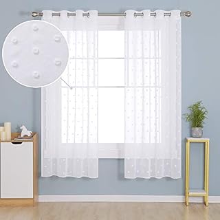 Deconovo Eyelet Net Curtains, Jacqued Clouds Voile Curtains, Semi Transparent Kis Voile Curtains, 55 x 72 Inch (Width x Length), White, 2 Panels