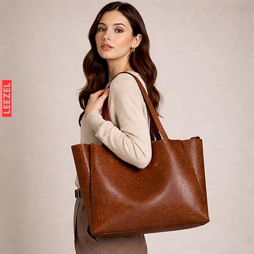 Image of LEEZEL Women's Structured Tote Bag - Large Capacity Work & Travel Purse Croco Pattern Vegan Leather Stylish Tote Bag Classic Everyday Shoulder Bag