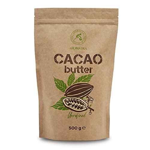 Manteca de Cacao - 500g - Theobroma Cacao - Pura y Natural - Prensada en Frío - Cruda sin Refinar - Manteca de Cacao Comestible - Cacao para Cocinar y Cuidado de la Belleza