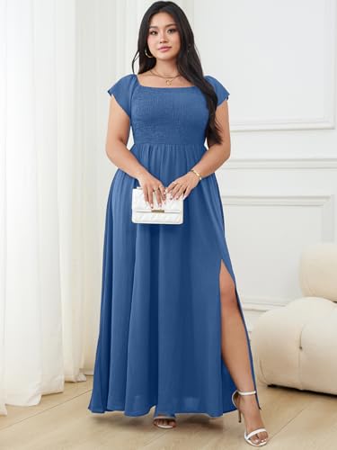 RWJ Womens Plus Size Wedding Guest Dress Summer Off Shoulder Short Sleeve Party Cocktail A-Line Split Long Maxi Dresses4