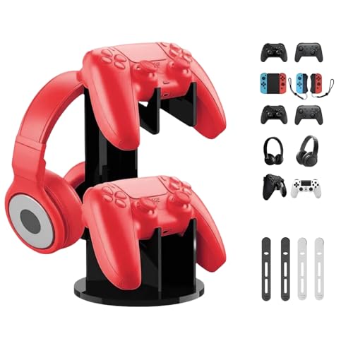 2 Tier Controller Holder and Headphone Stand for PS4 PS5 Xbox ONE Switch, Acrylic Controller Stand Headset Holder with 3Pcs Cord Organizers for Universal Gaming Accessories (All Black)