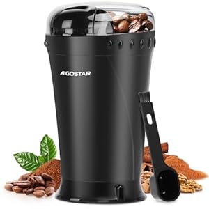 Aigostar Electric Coffee Grinder, Stainless Steel Blade, 200W, 60g Capacity, Cord Storage, Portable & Compact for Coffee Beans, Spice, Nuts, Seeds, Herbs, Black - Breath 30KYI.