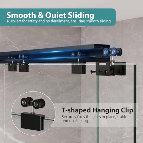 KPUY Glass Shower Door, 44-48" W x 76" H Semi-Frameless Double Sliding Shower Door, 1/4" (6mm) Thick Tempered Clear Glass with Explosion-Proof Film Nano Coating, Matte Black