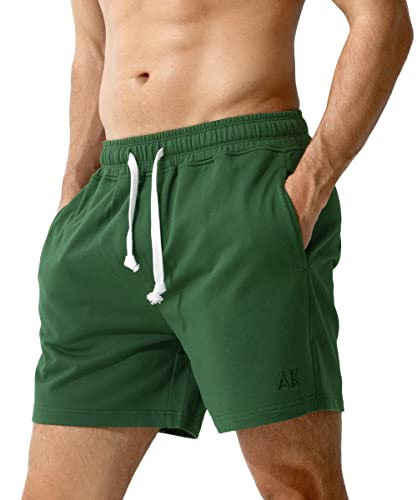 Casey Kevin Men's Sweat Cotton Shorts Summer 5 Inch Short with Zip Pockets Elasticated Waist Drawstring Casual Running Shorts,Green,M