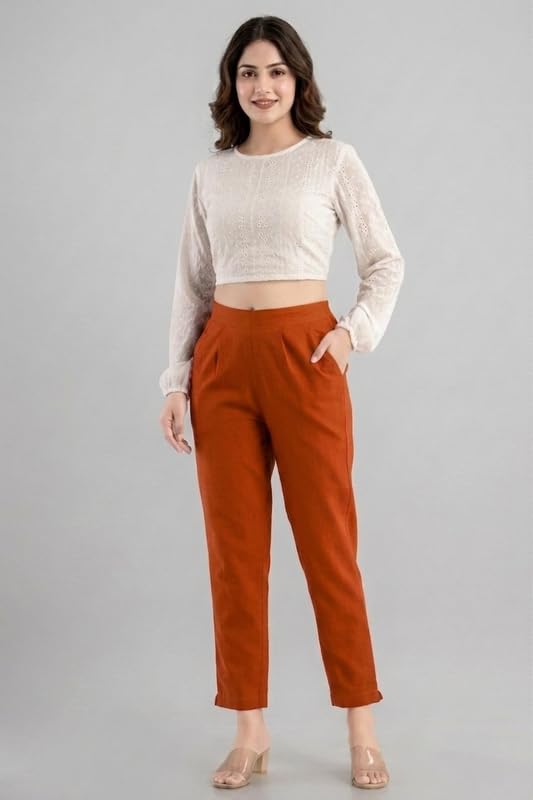 Image of Solid Cotton Woman Trousers Pants Regular Fit Kurti Pant with Drawstring Daily Office Formal Casual Use